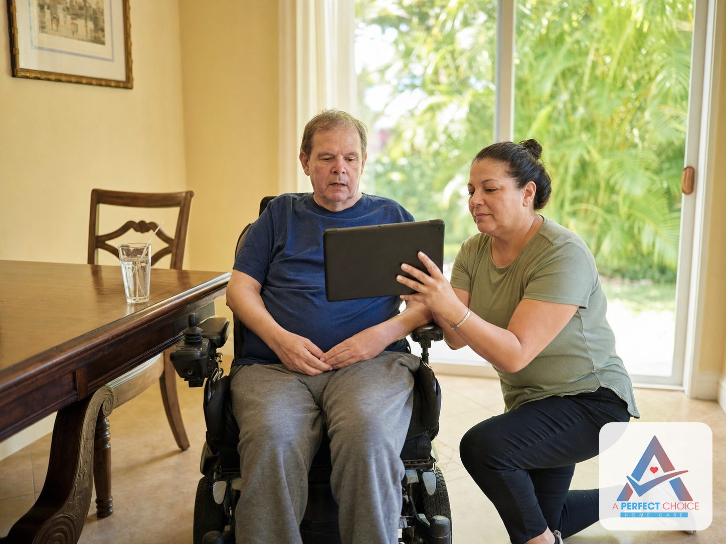 Caregiver kneeling beside a man in a power wheelchair to hold a communication tablet at his eye level, ALS home care in Fort Myers, Florida