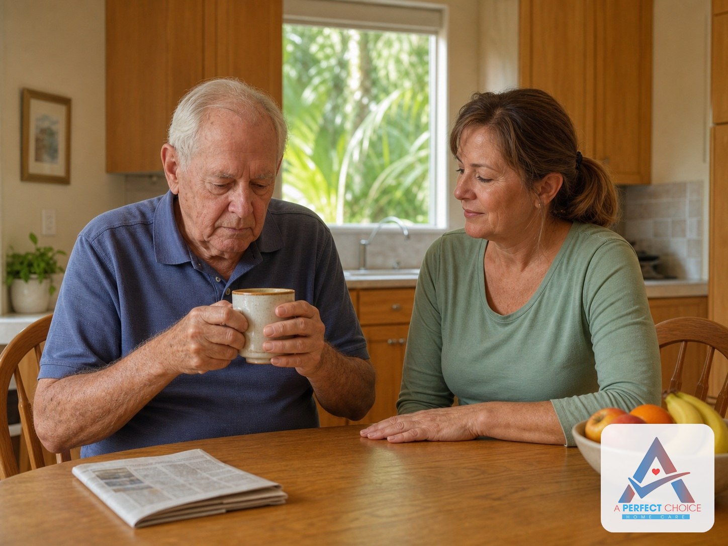 Caregiver sitting with a senior man as he steadies a coffee cup at his kitchen table, Parkinson's home care in Fort Myers, Florida