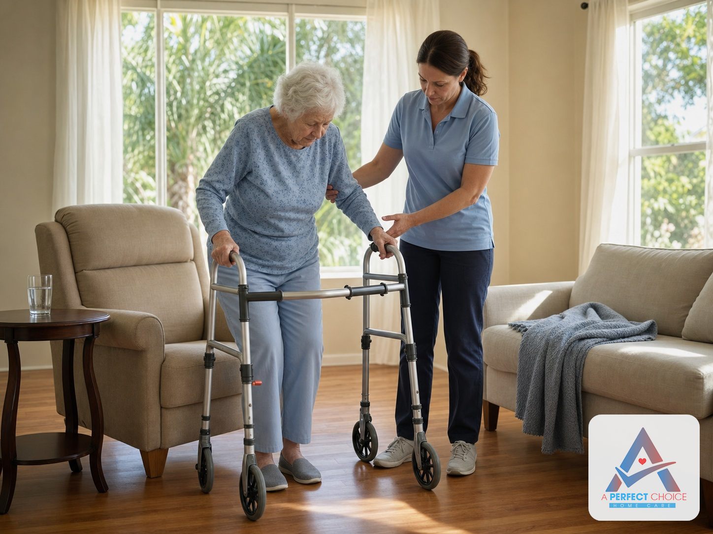 Caregiver steadying a senior woman on a walker in her living room while she recovers at home after a hospital stay in Fort Myers, Florida