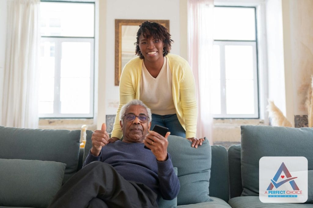 Naples home caregiver from A Perfect Choice providing in-home care for a senior client in Collier County, Florida
