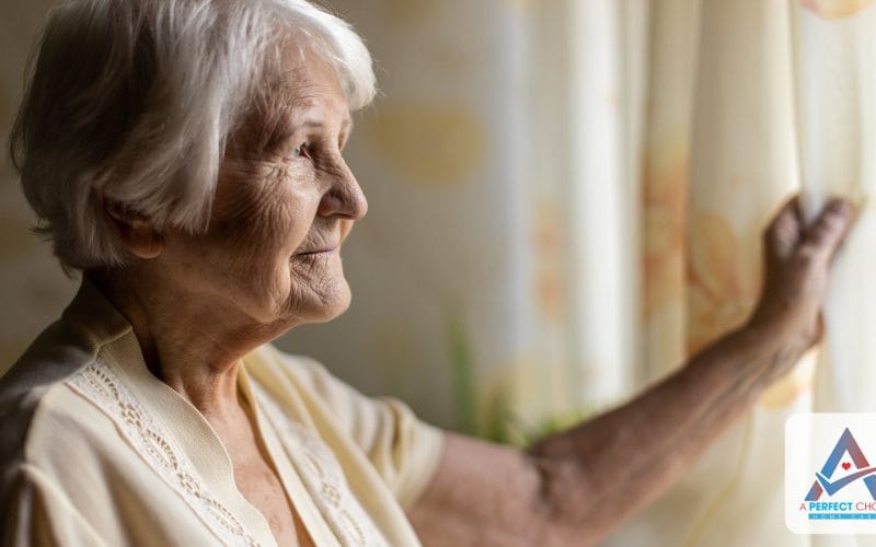 Elderly woman standing at a bright window at home looking out thoughtfully