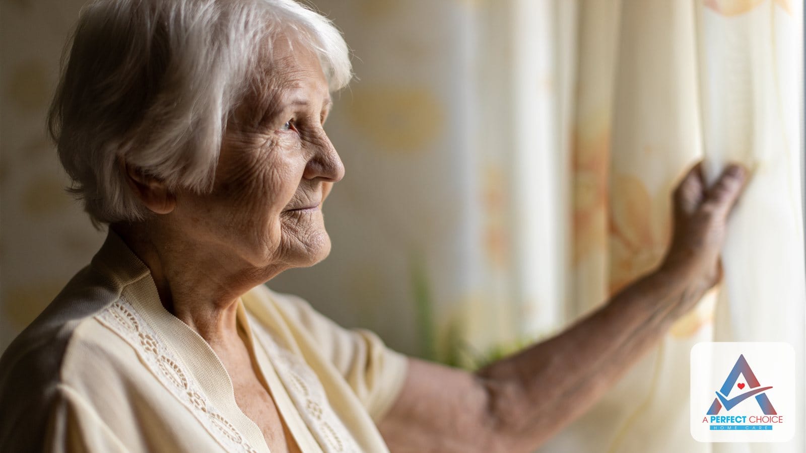 Elderly woman standing at a bright window at home looking out thoughtfully