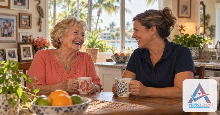 Caregiver and senior woman laughing over coffee at the kitchen table of her Southwest Florida home