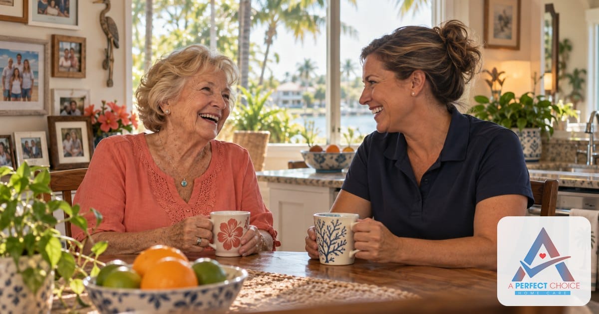 Caregiver and senior woman laughing over coffee at the kitchen table of her Southwest Florida home