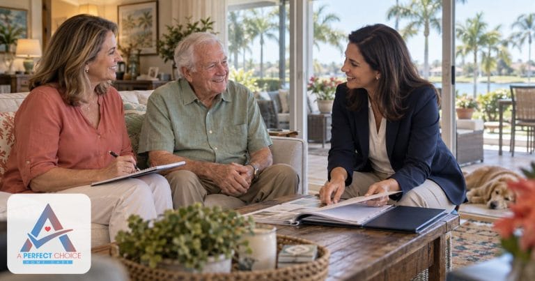 Home care coordinator reviewing a care plan with a senior man and his daughter in their Southwest Florida living room
